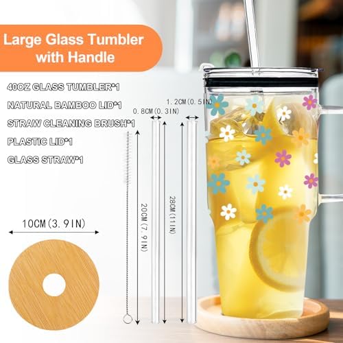 40oz Cute Glass Tumbler with Lids and Straws Flower Water Bottle - Image 3