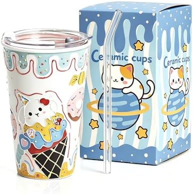 YQ&QMK 3D Embossed cartoon animals Ceramic Cup with Lid & Glass Straw, 16oz Hand-Painted Ice Cream Design Travel Coffee Tumbler, Cute Mug (Donut) by AhandmadeceramicstandinginYQAMK