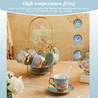 20Pcs Porcelain Tea Set for Adults, European Ceramic Tea Set Flower Ceramic Tea Cups, Teapot, & Saucers with Metal Holder for Women Tea Party (Blue) - Image 4