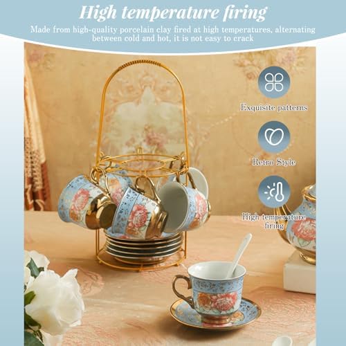 20Pcs Porcelain Tea Set for Adults, European Ceramic Tea Set Flower Ceramic Tea Cups, Teapot, & Saucers with Metal Holder for Women Tea Party (Blue) - Image 4