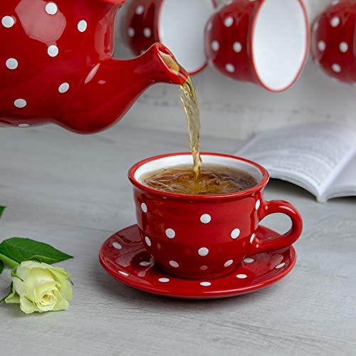 City to Cottage Handmade Red and White Polka Dot Large Ceramic 12oz/350ml Cappuccino Coffee Tea Cup and Saucer, Unique Designer Pottery Gift for Tea Lovers - Image 4