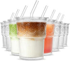 INSETLAN Iced Coffee Cups with Lids and Straws, 13 oz Glass Tumbler by INSETLAN