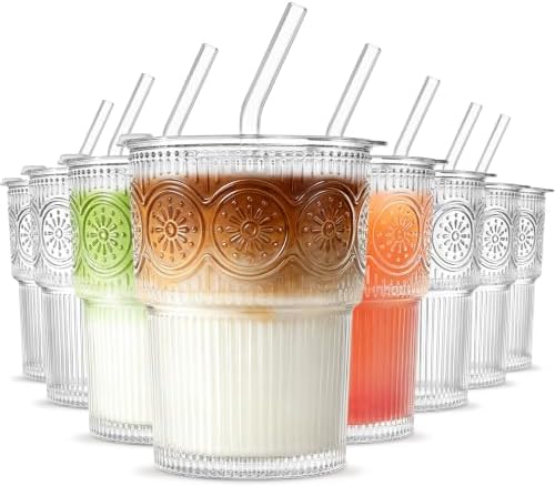 INSETLAN Iced Coffee Cups with Lids and Straws, 13 oz Glass Tumbler by INSETLAN