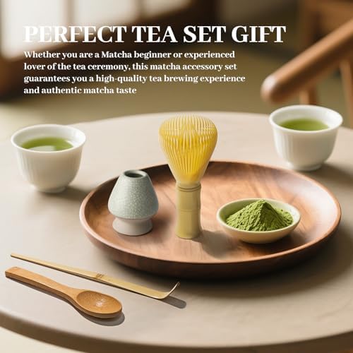 4 Piece Matcha Japanese Ceremony Set, Resin Matcha Whisk, Bamboo Spoon, Bamboo Scoop, Whisk Stand, Perfect Set for Preparing, Yellow - Grid Green - Image 3