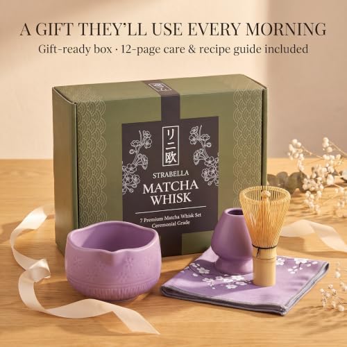 7-Piece Matcha Whisk Set – Ceramic Matcha Bowl with Spout, Bamboo Whisk & Holder, Scoop, Sifter, Tea Towel – Japanese Tea Set & Matcha Starter Kit Gift Box (Purple) - Image 6