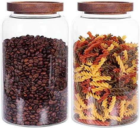 Large Glass Jar with Airtight Lid Set of 2 93 FL OZ(2750ml) glass canister set, Glass Food Containers Wooden Lid Suit for Kitchen Pantry for Flour, Tea, Coffee Beans, Sugar, Cookies(8.8 inch high) by LEAVES+AND+TREES+Y