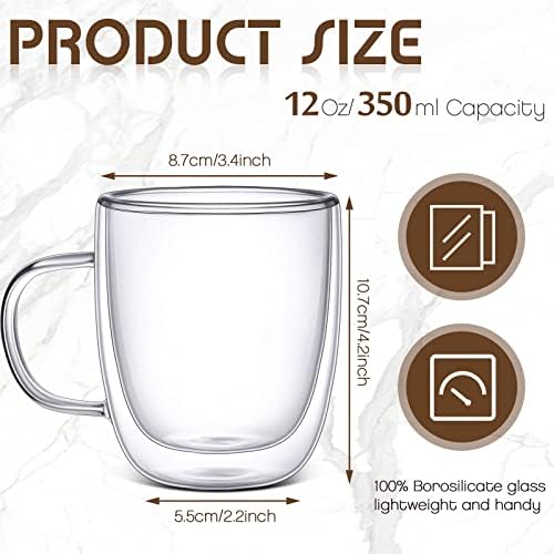 Gerrii Espresso Cups Double Walled Espresso Shot Glass with Handle Cups Insulated Clear Small Shot Glasses for Cappuccino Latte Hot Beverage (12 oz,Flat Bottom,8 Pcs) - Image 2