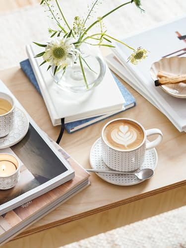 LE TAUCI 6 oz Stackable Cappuccino Cups with Saucers and Stand, Set of 4, Ceramic Coffee Cup Set for Flat White, Tea, Americano, Dishwasher & Microwave Safe - Embossed White - Image 2