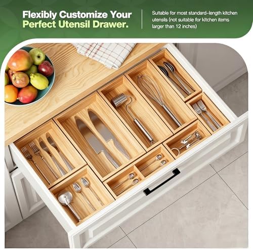 9-Pack Solid Wood Junk Drawer Organizer, Modular Desk Drawer Tray & Accessories with Non-Slip Pad, Multi-Use for Kitchen, Office, Bedroom Dresser, Utensil, Makeup, Stationery, Tea Bags & Coffee Pod - Image 2