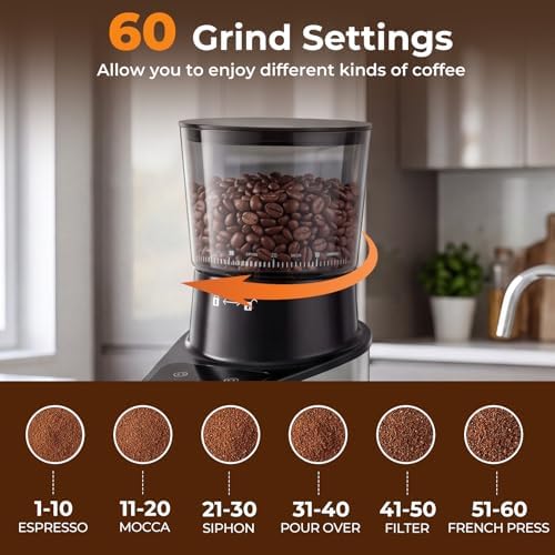 Conical Burr Coffee Grinder, Electric Espresso Machine w/ 60 Grind Settings, 1-8 Cups Capacity & 1-60s Timer, Brush & Tong, Anti-Static, Stainless Steel Coffee Bean Grinder for Home Office - Image 3