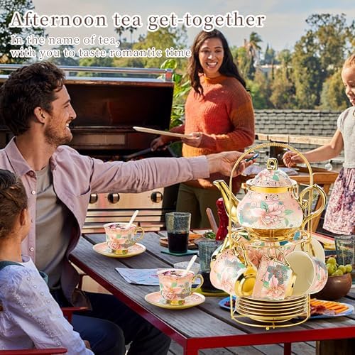 20 Pieces Porcelain Tea Set With Metal Holder, European Ceramic tea set for adults,Flower Tea Set,Tea Set For Women With Flower Painting (Large version, Pink) - Image 6