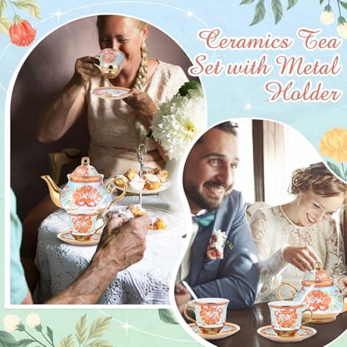 Zhehao 20 Pcs Porcelain Tea Set for Adult, with Metal Holder, Retro - Image 6