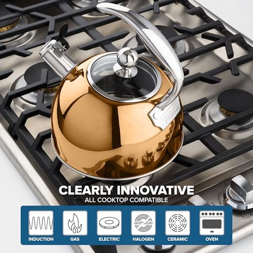 Viking 3-Ply Stainless Steel Tea Kettle, 2.6 Quart Stovetop Hot Water Pot with Tempered Glass Lid, Ergonomic Handle, Induction Ready, Rose Gold - Image 5