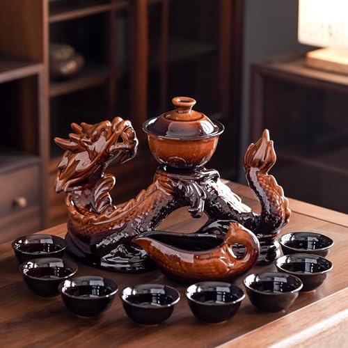 Ceramic Teapot with Infuser Semi Automatic Tea Set Magic Teapot with 8 cups Gradient Color (Yellow Dragon- A) by zurucily