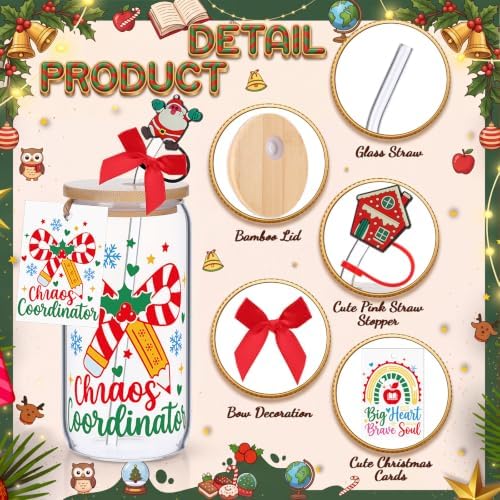 Vesici 6 Set Christmas Teacher Appreciation Gifts Glass Cups with Lid Straw - Image 4