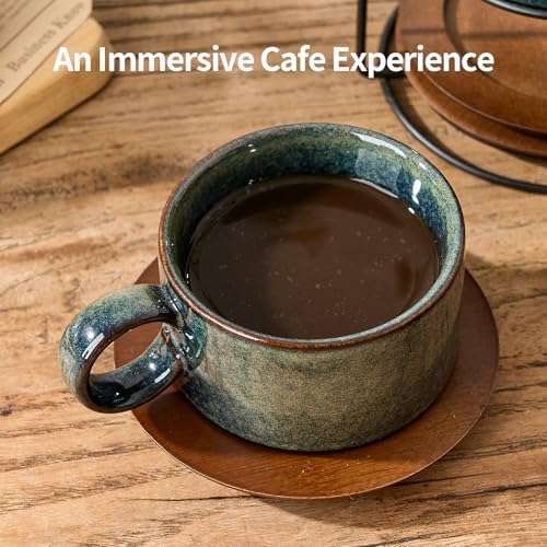LUKA 6 Ounce Porcelain Stackable Espresso Cups with Saucers and Metal Stand Set of 4, Ceramic Cappuccino Cups Set for Specialty Coffee Drinks, Latte, Cafe Mocha and Tea, Kiln Tide Glaze - Image 4
