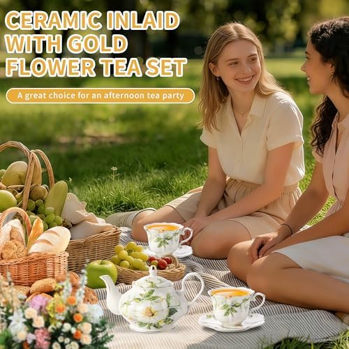 TATSUMI Country Roses Porcelain Tea Set, European Ceramic tea set for one or two,Vintage Style, For Women and Tea Parties (Green, 7 Pieces Set) - Image 4