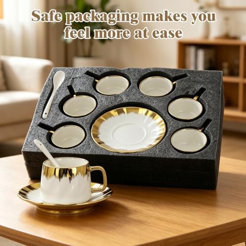 Coffee Cups with Saucers Set of 6, 6.8 oz (200 ml) Ceramic Coffee Cup Set with Gold Handles, Ribbed Brushstroke Design, 6 Cups, 6 Saucers and 6 Spoons, Elegant Coffee Set for Espresso, Cappuccino, Tea - Image 7