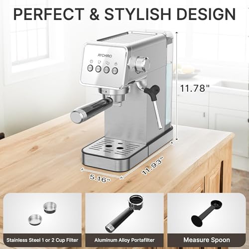 AYCHIRO 20-Bar Espresso Machine with Milk Frother, Professional Espresso Coffee Machine for Home, Stainless Steel Cappuccino Maker, Removable Water Tank & Drip Tray, Silver - Image 7