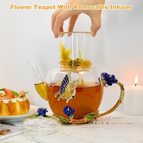46oz/1300ml Enamel Glass Teapot With Rose Flower Butterfly And Gold Edge,Blue Rose Teapot With Infuser And Lid For Mom,Women,Mother,Birthday - Image 4