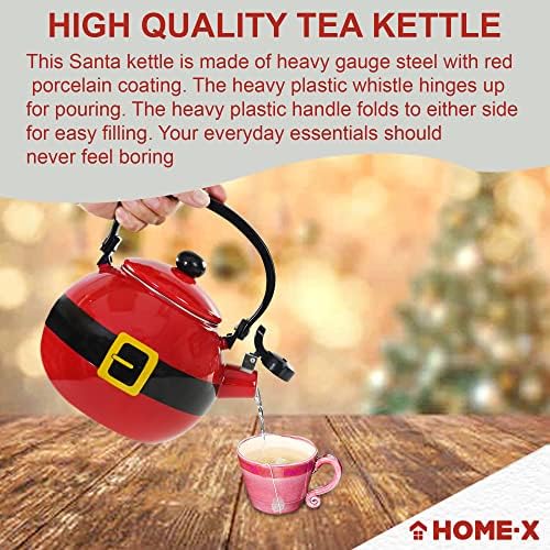 Home-X Santa Claus Whistling Tea Kettle - Porcelain Coated Stainless Steel Tea Kettle for Boiling Water - Cute Red Teapot for Stovetop - 2-Liter Capacity, 9"L x 7"W x 9"H Whistling Teapot - Image 3