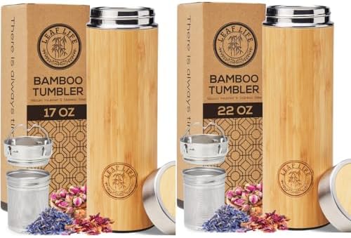 Premium Bamboo Thermos with Tea Infuser for Loose Tea - Tea Gift Set - Insulated Water Bottle/Iced Coffee Tumbler - Unique Gifts for Women, Gifts For Women Who Have Everything - 17oz with 22oz by LeafLife