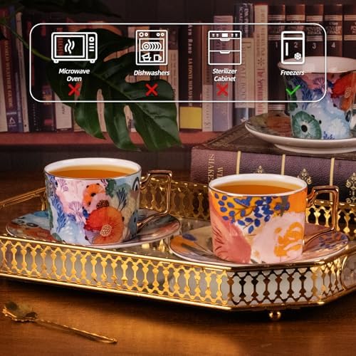 KAMMAK Tea Cups and Saucers Set of 2, Fine Bone China Coffee Cups, 569N - Image 3