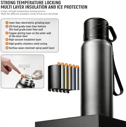 Double wall vacuum Leakproof stainless steel wide mouth insulated water bottle;tea tumbler with infuser,cup,lid;smart thermoses hot drinks;thermal flask ice coffee with led digital temperature display - Image 5
