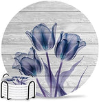 Coasters for Drinks Set of 6 with Holder Abstract Transparent Blue Flower Tulip Wood Grain Ceramic Cup Mat Absorbent Ceramic Stone Coasters with Cork Base for Coffee Cups Wooden Table Home Decor 4in by Daleng