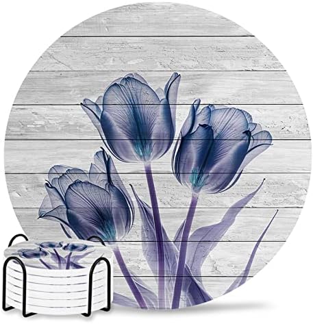 Coasters for Drinks Set of 6 with Holder Abstract Transparent Blue Flower Tulip Wood Grain Ceramic Cup Mat Absorbent Ceramic Stone Coasters with Cork Base for Coffee Cups Wooden Table Home Decor 4in by Daleng