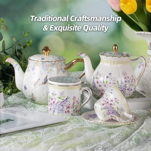 KAMMAK Bone China Coffee Mugs, 15oz Floral Tea Cups with Lid and Infuser - Image 7