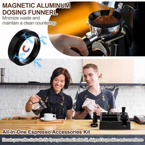 53mm Black 7 Pcs Espresso Accessories Kit with Tamping Station, Calibrated Spring Loaded Tamper, Coffee Distributor, WDT Tool, Magnetic Dosing Funnel, Barista Coffee Prep Set (Plastic) - Image 6