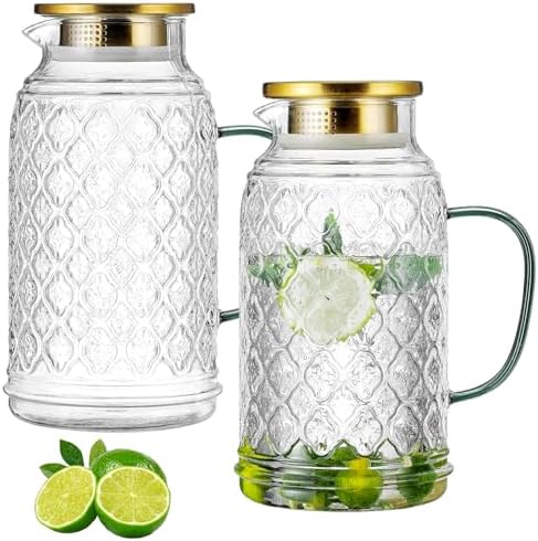 Buaic Glass Pitcher with Lid, 2 PACK 84 oz/2.5 Liter Vintage Water Pitcher by Buaic