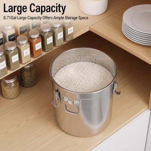 304 Stainless Steel Container with Lid, 8.7Gal Large Capacity Food Storage Container with Locking Clamp, Kitchen Airtight Canister for Rice Flour Grain Coffee Bean Storage - Image 5