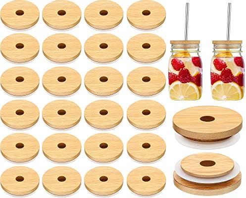 Cunhill 80 Pieces 70mm Bamboo Jar Lids Bulk with Straw Hole for Glass Cups by Cunhill