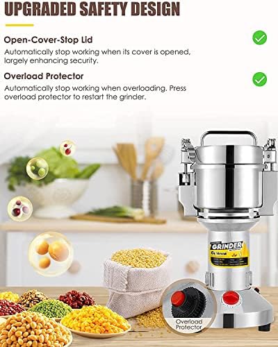 CGOLDENWALL Safety Upgraded Electric Grain Grinder Mill High-speed Dry Spice Herb Mill Grinding Machine with 1500W Commercial Motor Overload Protection CE 110V (300g Hand-held Type) - Image 2
