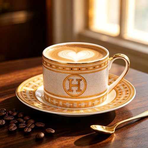 Gold Mosaic H Ceramic Coffee Cup & Saucer Set, 8 OZ Luxury European Bone China Latte Mug, Gold Rim Porcelain Tea Cup for Home Cafe, Wedding Housewarming Gift - Image 5