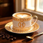Gold Mosaic H Ceramic Coffee Cup & Saucer Set, 8 OZ Luxury European Bone China Latte Mug, Gold Rim Porcelain Tea Cup for Home Cafe, Wedding Housewarming Gift - Image 5