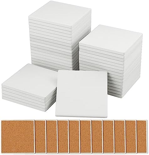 60 Pieces 4 Inch Blank Ceramic Coasters, Unglazed Ceramic Tiles Coasters, Ceramic Tiles with Cork Backing Pads for Painting, DIY Crafts, Mosaics, Square, White.by GNIEMCKIN by GNIEMCKIN