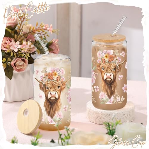 6 Set 16oz Christmas Glass Cups with Lid and Straw, Highland Cow - Image 3
