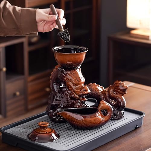 Ceramic Teapot with Infuser Semi Automatic Tea Set Magic Teapot with 8 cups Gradient Color (Yellow Dragon- C) - Image 6