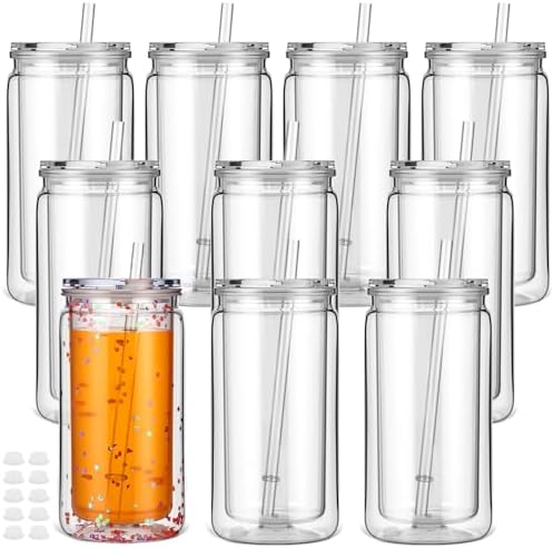 Willinglong 10 Pack 16 oz Snow Globe Cups Wall Double Acrylic Lid Straw by Willinglong