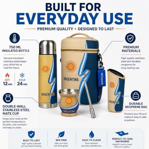 Argentine Yerba Mate Kit – Premium Stainless Steel Mate Cup & Bombilla Set with 750ml Vacuum Insulated Bottle, Yerba Container & Neoprene Bag – Authentic Argentine Design - Image 4