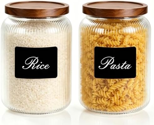 Large Glass Jar With Airtight Wooden Lids Set of 2-92OZ(2700ML) and 4 Kitchen pantry Labels, Clear Food Storage Containers for Rice, Flour, Pasta, Coffee, Sugar, Salt, Cookie. by PENGSHU