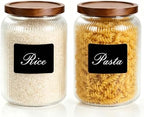 Large Glass Jar With Airtight Wooden Lids Set of 2-92OZ(2700ML) and 4 Kitchen pantry Labels, Clear Food Storage Containers for Rice, Flour, Pasta, Coffee, Sugar, Salt, Cookie. by PENGSHU
