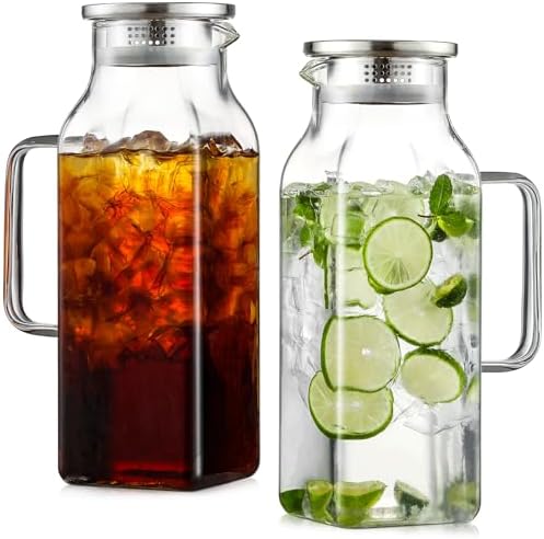 2 Pack 2.2Liters/75 oz Square Glass Pitcher with Lid and Handle for Fridge by NETANY
