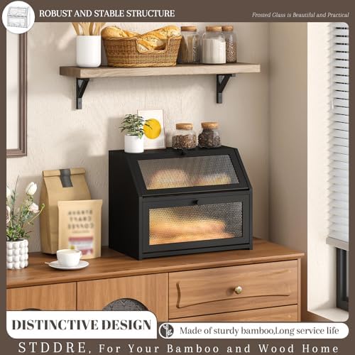 STDDRE Bread Box for Kitchen Countertop Bin Double Layer Bread Box Storage Container Extra Large Capacity Farmhouse with Diamond Pattern Windows (Black, Large) - Image 2
