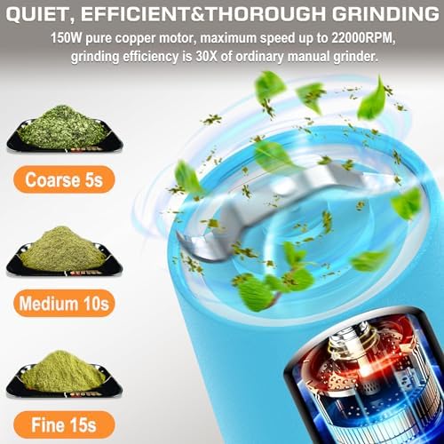 Electric Herb Grinder 150W Spice Grinder USB-C Rechargeable, Compact Size, Easy On/Off. Fast Grinding Dry Spices Herbs, with Pulse Mode and Cleaning Brush (Blue) - Image 2