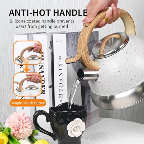 3 Quart Stainless Steel Whistling Tea Kettle – Natural Stone Finish Teapot with Cool-Touch Wood Handle, Loud Whistle & Rust-Resistant Base(white) - Image 6