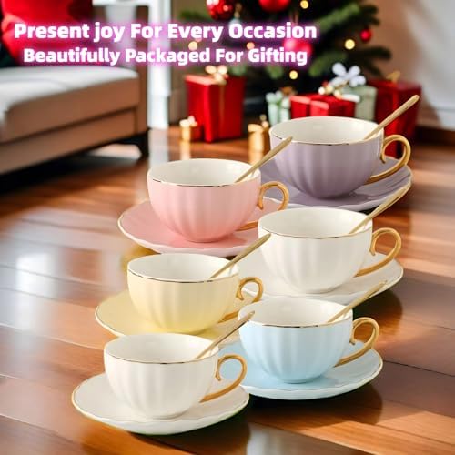 ICHAG Bone China Pumpkin Cup & Saucer Set of 6, 5 colors,8oz, Real Gold Trim on Cup Rim & Handle, Dual-Purpose for Coffee & Tea, Luxury Elegant Tea Cups with 6 Matching Spoons - Image 4